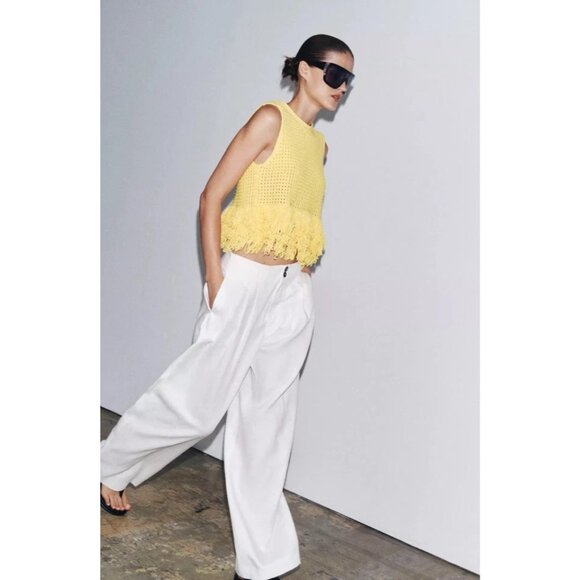 Zara Womens Sweater Top S Small Yellow Fringed Knit Sleeveless 4331/027 NWOT - Picture 3 of 13